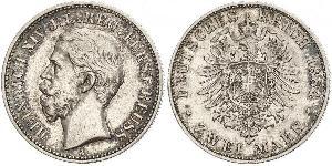 2 Mark Principality of Reuss-Greiz (1778 - 1918) Silver Heinrich XIV, Prince Reuss Younger Line