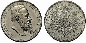 2 Mark Principality of Reuss-Greiz (1778 - 1918) Silver Heinrich XXII (1859 - 1902)