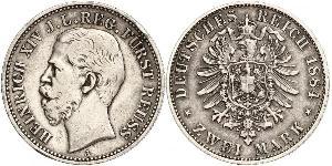 2 Mark Principality of Reuss-Greiz (1778 - 1918) Silver Heinrich XIV, Prince Reuss Younger Line