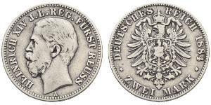 2 Mark Principality of Reuss-Greiz (1778 - 1918) Silver Heinrich XIV, Prince Reuss Younger Line