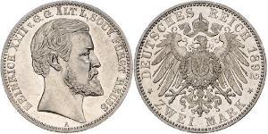 2 Mark Principality of Reuss-Greiz (1778 - 1918) Silver Heinrich XXII (1859 - 1902)