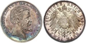 2 Mark Principality of Reuss-Greiz (1778 - 1918) Silver Heinrich XXII (1859 - 1902)