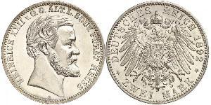 2 Mark Principality of Reuss-Greiz (1778 - 1918) Silver Heinrich XXII (1859 - 1902)