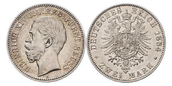 2 Mark Principality of Reuss-Greiz (1778 - 1918) Silver Heinrich XIV, Prince Reuss Younger Line