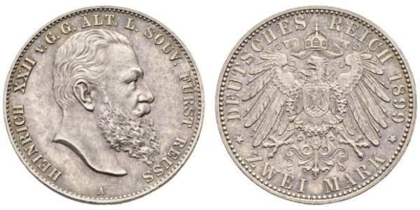 2 Mark Principality of Reuss-Greiz (1778 - 1918) Silver Heinrich XXII (1859 - 1902)