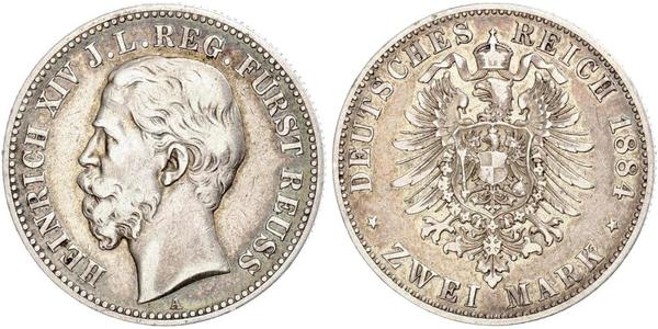 2 Mark Principality of Reuss-Greiz (1778 - 1918) Silver Heinrich XIV, Prince Reuss Younger Line