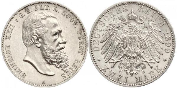 2 Mark Principality of Reuss-Greiz (1778 - 1918) Silver Heinrich XXII (1859 - 1902)
