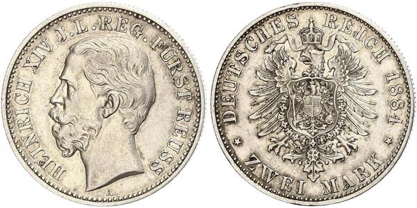 2 Mark Principality of Reuss-Greiz (1778 - 1918) Silver Heinrich XIV, Prince Reuss Younger Line