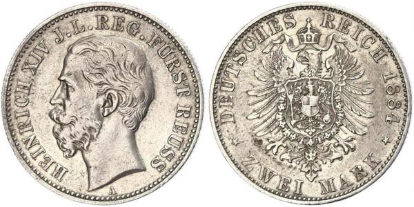 2 Mark Principality of Reuss-Greiz (1778 - 1918) Silver Heinrich XIV, Prince Reuss Younger Line