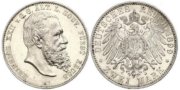 2 Mark Principality of Reuss-Greiz (1778 - 1918) Silver Heinrich XXII (1859 - 1902)