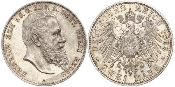 2 Mark Principality of Reuss-Greiz (1778 - 1918) Silver Heinrich XXII (1859 - 1902)