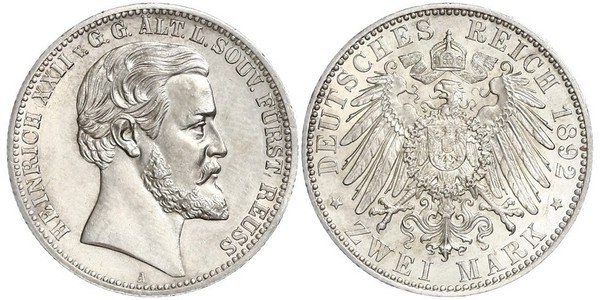 2 Mark Principality of Reuss-Greiz (1778 - 1918) Silver Heinrich XXII (1859 - 1902)