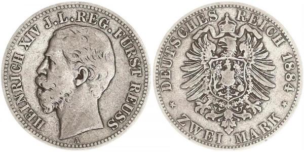 2 Mark Principality of Reuss-Greiz (1778 - 1918) Silver Heinrich XIV, Prince Reuss Younger Line