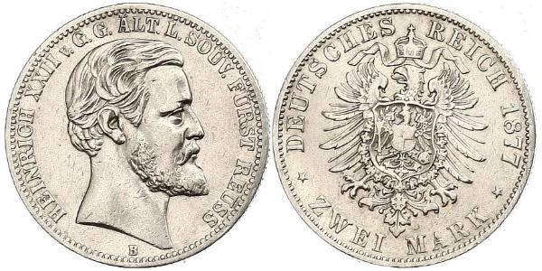 2 Mark Principality of Reuss-Greiz (1778 - 1918) Silver Heinrich XXII (1859 - 1902)