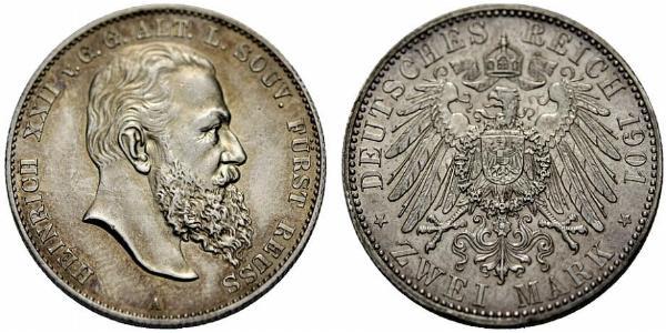 2 Mark Principality of Reuss-Greiz (1778 - 1918) Silver Heinrich XXII (1859 - 1902)