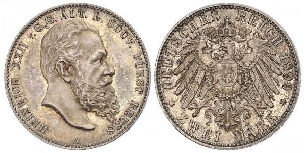 2 Mark Principality of Reuss-Greiz (1778 - 1918) Silver Heinrich XXII (1859 - 1902)
