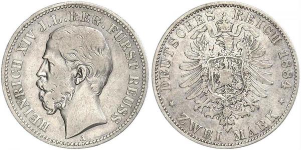 2 Mark Principality of Reuss-Greiz (1778 - 1918) Silver Heinrich XIV, Prince Reuss Younger Line