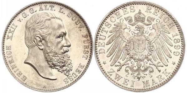 2 Mark Principality of Reuss-Greiz (1778 - 1918) Silver Heinrich XXII (1859 - 1902)