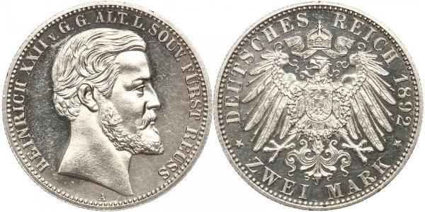 2 Mark Principality of Reuss-Greiz (1778 - 1918) Silver Heinrich XXII (1859 - 1902)