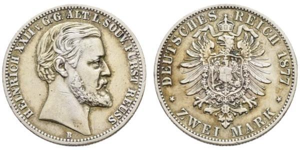 2 Mark Principality of Reuss-Greiz (1778 - 1918) Silver Heinrich XXII (1859 - 1902)