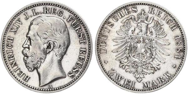 2 Mark Principality of Reuss-Greiz (1778 - 1918) Silver Heinrich XIV, Prince Reuss Younger Line