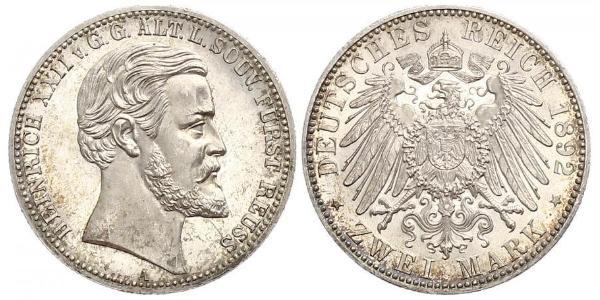 2 Mark Principality of Reuss-Greiz (1778 - 1918) Silver Heinrich XXII (1859 - 1902)