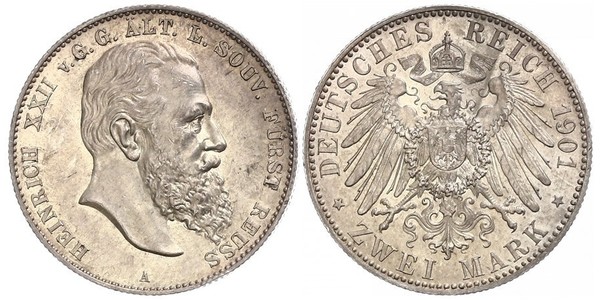 2 Mark Principality of Reuss-Greiz (1778 - 1918) Silver Heinrich XXII (1859 - 1902)