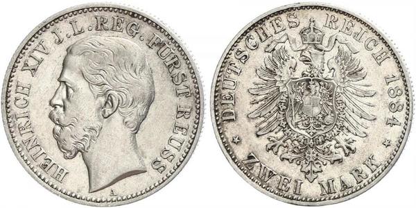 2 Mark Principality of Reuss-Greiz (1778 - 1918) Silver Heinrich XIV, Prince Reuss Younger Line