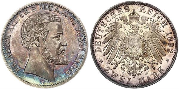 2 Mark Principality of Reuss-Greiz (1778 - 1918) Silver Heinrich XXII (1859 - 1902)