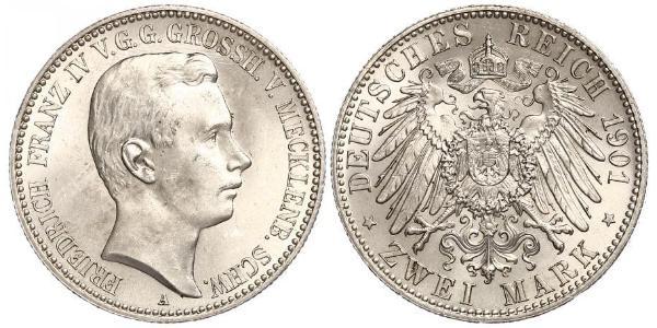 2 Mark Duchy of Mecklenburg-Schwerin (1352-1918) 銀 Frederick Francis IV, Grand Duke of Mecklenburg (1882 - 1945)