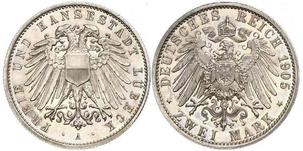 2 Mark Free City of Lübeck 銀 