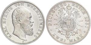 2 Mark Kingdom of Württemberg (1806-1918) 銀 卡尔一世 (符腾堡)