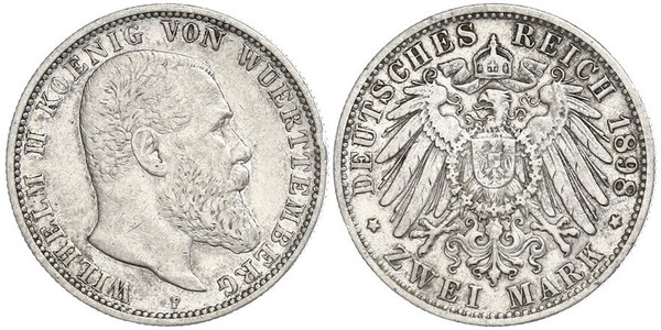 2 Mark Kingdom of Württemberg (1806-1918) 銀 威廉二世 (德国)