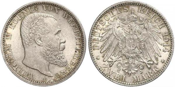 2 Mark Kingdom of Württemberg (1806-1918) 銀 威廉二世 (德国)