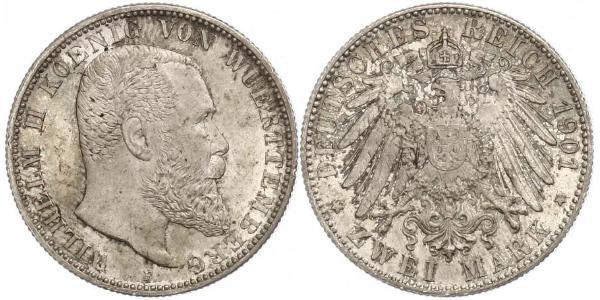 2 Mark Kingdom of Württemberg (1806-1918) 銀 威廉二世 (德国)