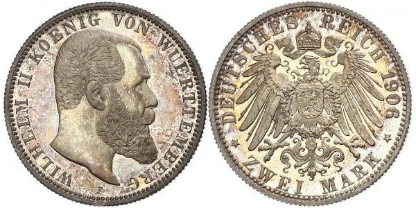2 Mark Kingdom of Württemberg (1806-1918) 銀 威廉二世 (德国)