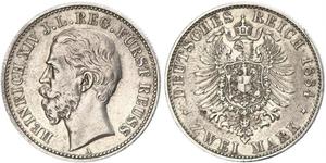 2 Mark Principality of Reuss-Greiz (1778 - 1918) 銀 Heinrich XIV, Prince Reuss Younger Line