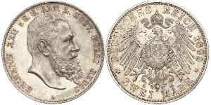 2 Mark Principality of Reuss-Greiz (1778 - 1918) 銀 Heinrich XXII (1859 - 1902)