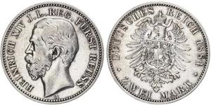 2 Mark Principality of Reuss-Greiz (1778 - 1918) 銀 Heinrich XIV, Prince Reuss Younger Line