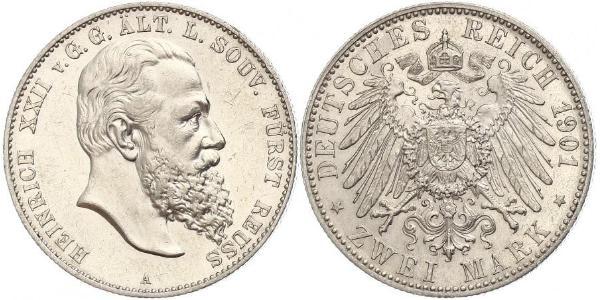 2 Mark Principality of Reuss-Greiz (1778 - 1918) 銀 Heinrich XXII (1859 - 1902)