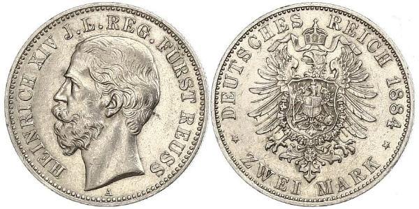 2 Mark Principality of Reuss-Greiz (1778 - 1918) 銀 Heinrich XIV, Prince Reuss Younger Line