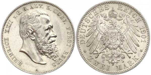 2 Mark Principality of Reuss-Greiz (1778 - 1918) 銀 Heinrich XXII (1859 - 1902)