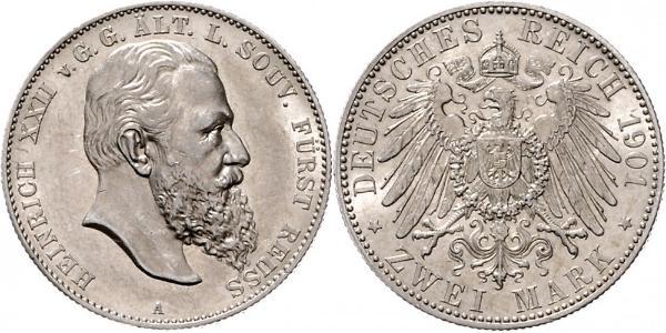 2 Mark Principality of Reuss-Greiz (1778 - 1918) 銀 Heinrich XXII (1859 - 1902)