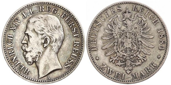 2 Mark Principality of Reuss-Greiz (1778 - 1918) 銀 Heinrich XIV, Prince Reuss Younger Line