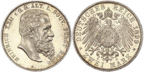2 Mark Principality of Reuss-Greiz (1778 - 1918) 銀 Heinrich XXII (1859 - 1902)
