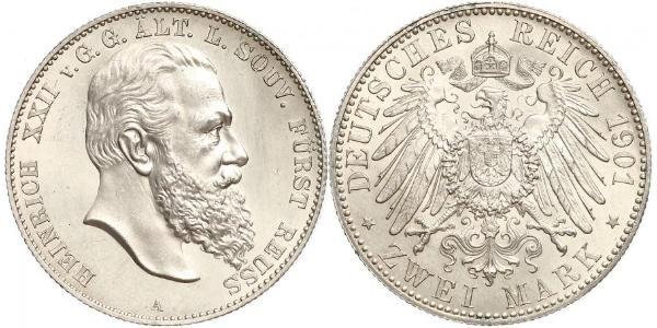 2 Mark Principality of Reuss-Greiz (1778 - 1918) 銀 Heinrich XXII (1859 - 1902)