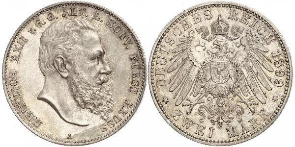 2 Mark Principality of Reuss-Greiz (1778 - 1918) 銀 Heinrich XXII (1859 - 1902)
