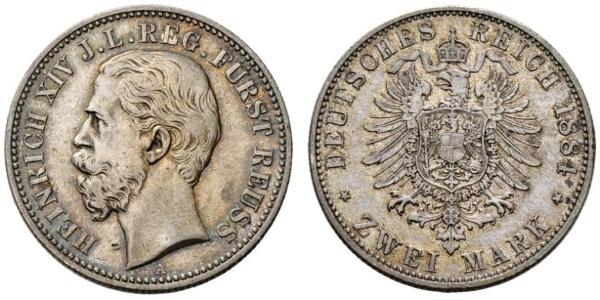 2 Mark Principality of Reuss-Greiz (1778 - 1918) 銀 Heinrich XIV, Prince Reuss Younger Line