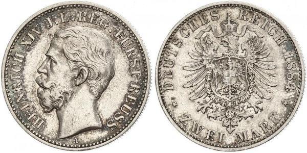 2 Mark Principality of Reuss-Greiz (1778 - 1918) 銀 Heinrich XIV, Prince Reuss Younger Line