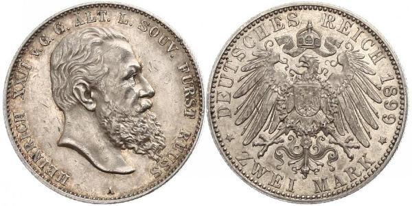 2 Mark Principality of Reuss-Greiz (1778 - 1918) 銀 Heinrich XXII (1859 - 1902)